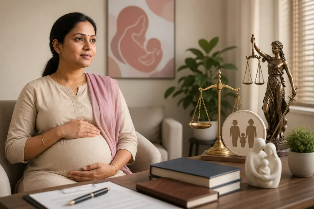 Pregnant surrogate mother sitting with legal scales and family symbol illustrating surrogacy laws in India 2026, eligibility criteria, surrogate mother rules, and legal surrogacy process in India