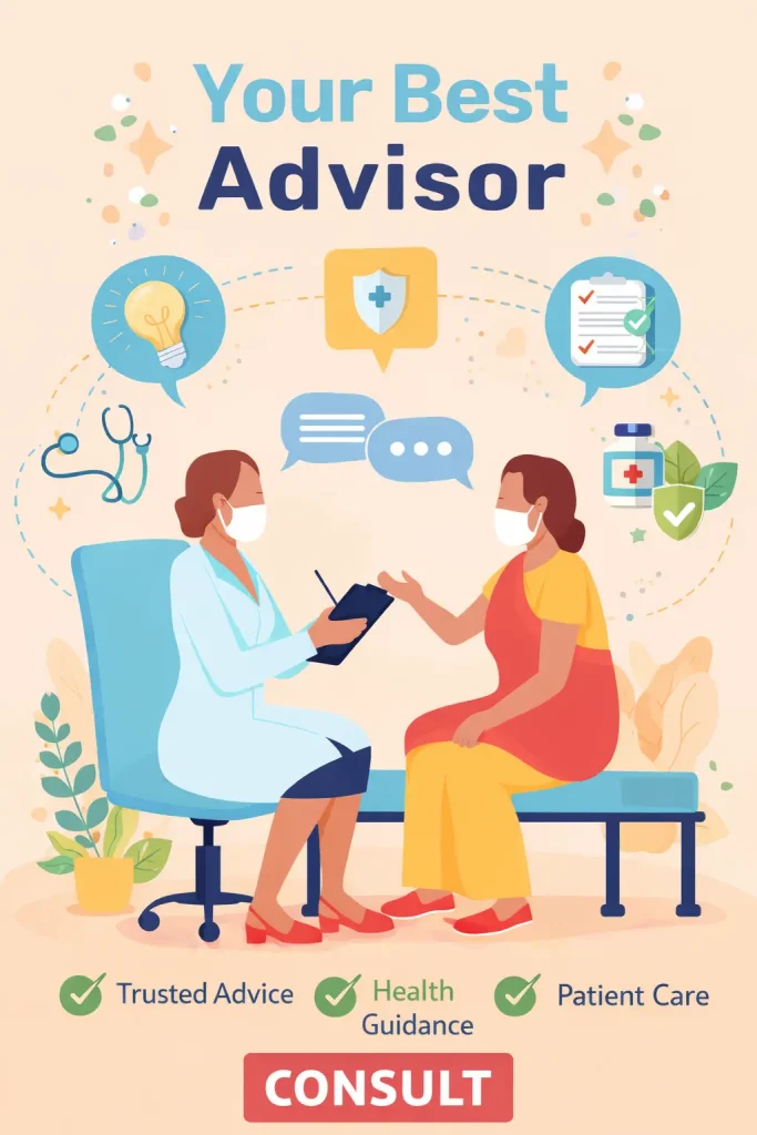 Healthcare advisor consulting patient in clinic illustration with large consult button and trusted care icons.