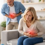 A man and woman experiencing severe upper abdominal pain, possibly due to gallbladder issues, in a home setting without medical assistance.
