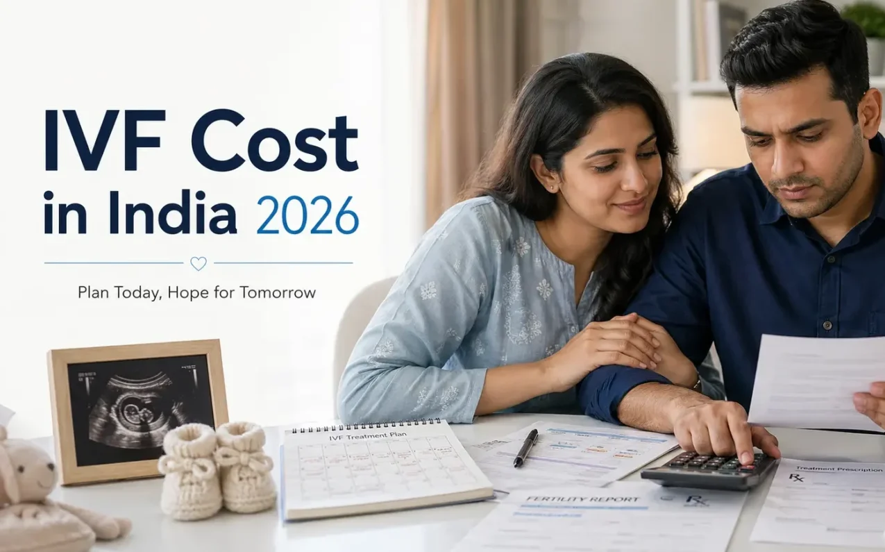 Indian couple reviewing IVF treatment cost documents and fertility reports at home with budgeting papers, fertility medication, and baby-related elements representing IVF cost planning in India