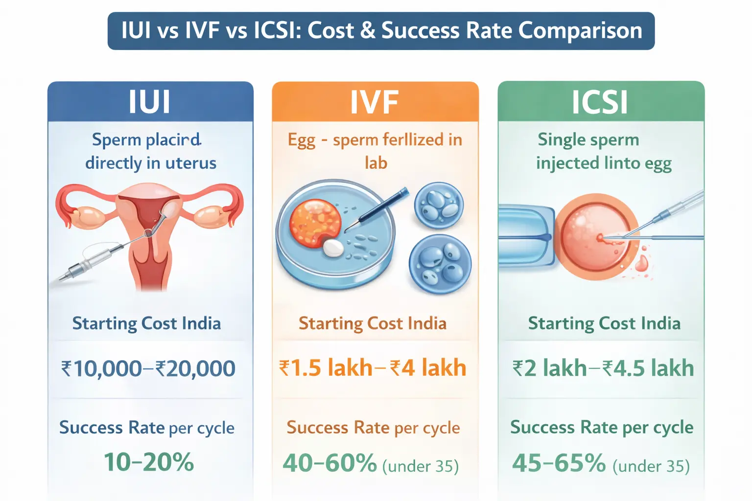 IVF vs IUI vs ICSI cost and success rate comparison