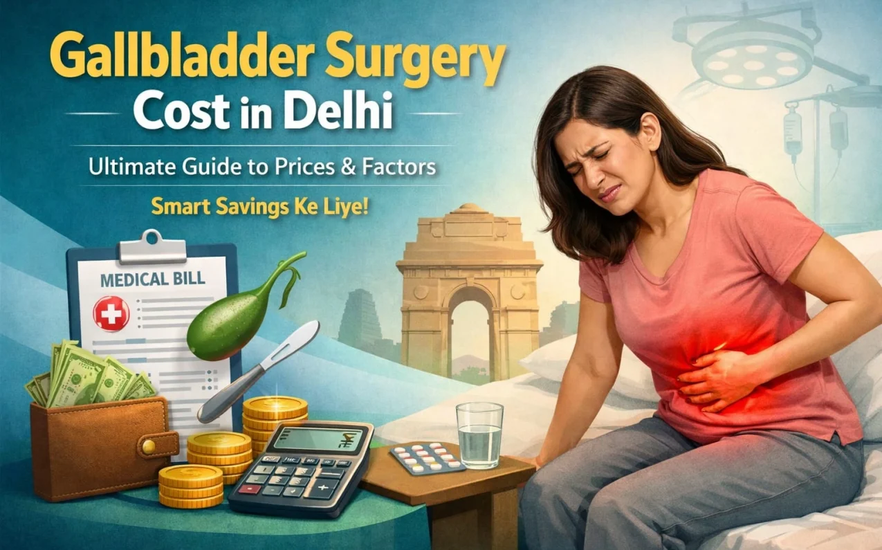 Illustration of a woman suffering from gallbladder pain with visuals of medical bills, money, and surgery costs in Delhi, representing a guide to treatment expenses and savings.
