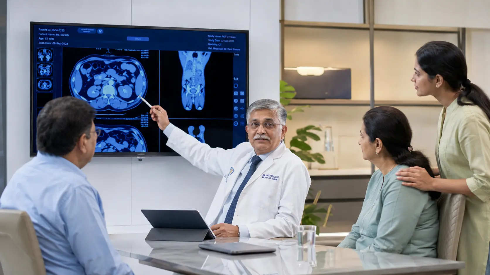 Senior Indian oncologist explaining cancer scan results to patient and family in a modern oncology hospital consultation room.