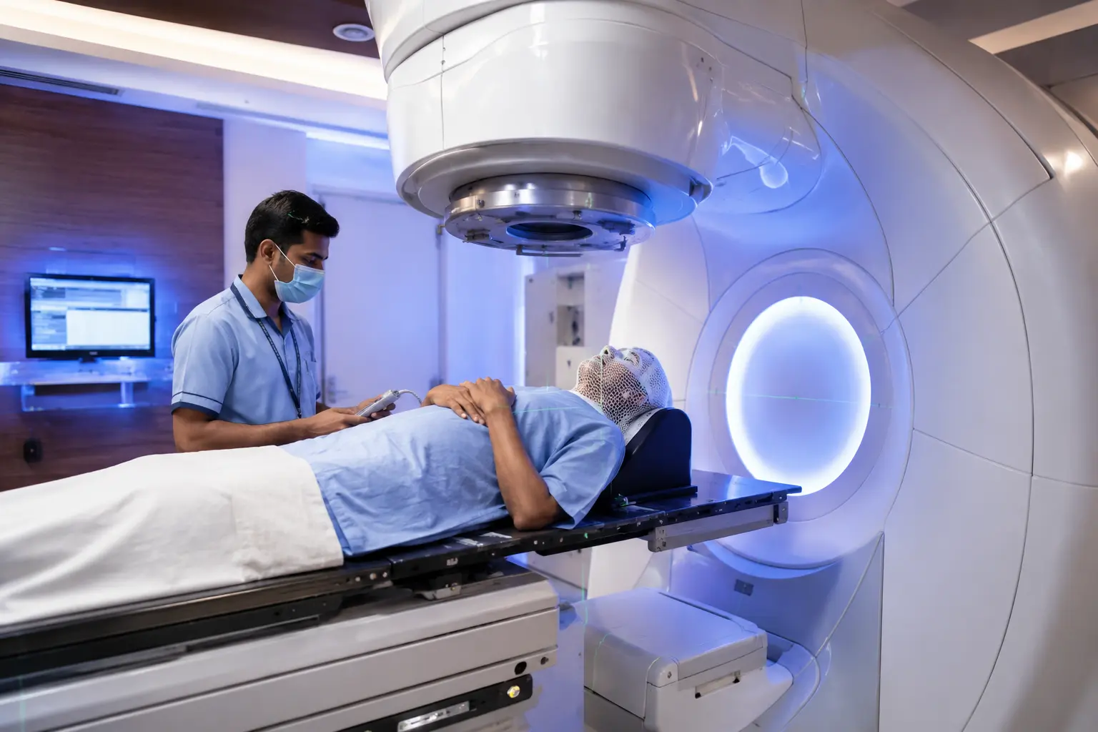 Cancer patient receiving radiation therapy in a modern oncology treatment room with medical technician operating advanced radiotherapy machine.