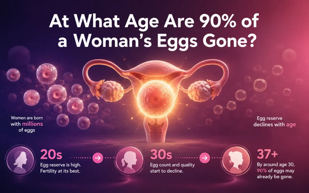 A medical infographic showing female fertility decline with age and explaining when 90% of a woman’s eggs are gone using reproductive system visuals and an age timeline.