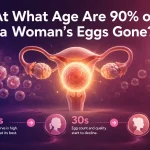 A medical infographic showing female fertility decline with age and explaining when 90% of a woman’s eggs are gone using reproductive system visuals and an age timeline.