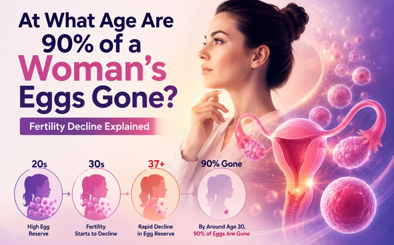 The infographic "At What Age Are 90% of a Woman’s Eggs Gone?" shows female fertility decline, egg reserve reduction, and reproductive ageing across age groups.
