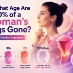 The infographic "At What Age Are 90% of a Woman’s Eggs Gone?" shows female fertility decline, egg reserve reduction, and reproductive ageing across age groups.