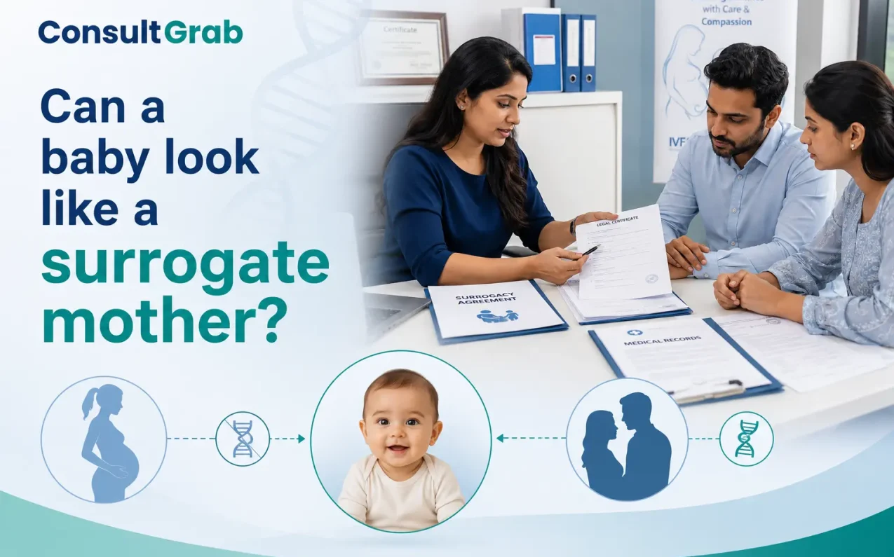 ConsultGrab surrogacy consultation feature image explaining whether a baby can look like the surrogate mother with IVF genetics, DNA connection, and intended parents' guidance in India.