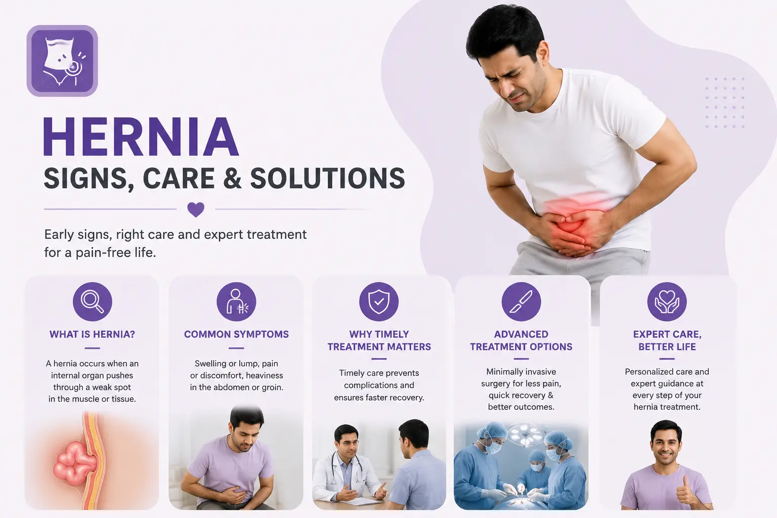 Hernia symptoms and treatment in Delhi showing abdominal pain, laparoscopic surgery and expert hernia care for quick recovery