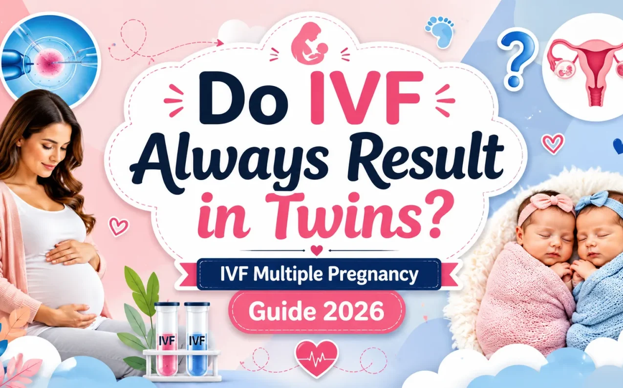 A Canva-style IVF infographic featuring a pregnant woman, sleeping twin babies, and fertility treatment icons with the centered title “Do IVF Always Result in Twins? IVF Multiple Pregnancy Guide 2026” in pink and blue pastel colors.