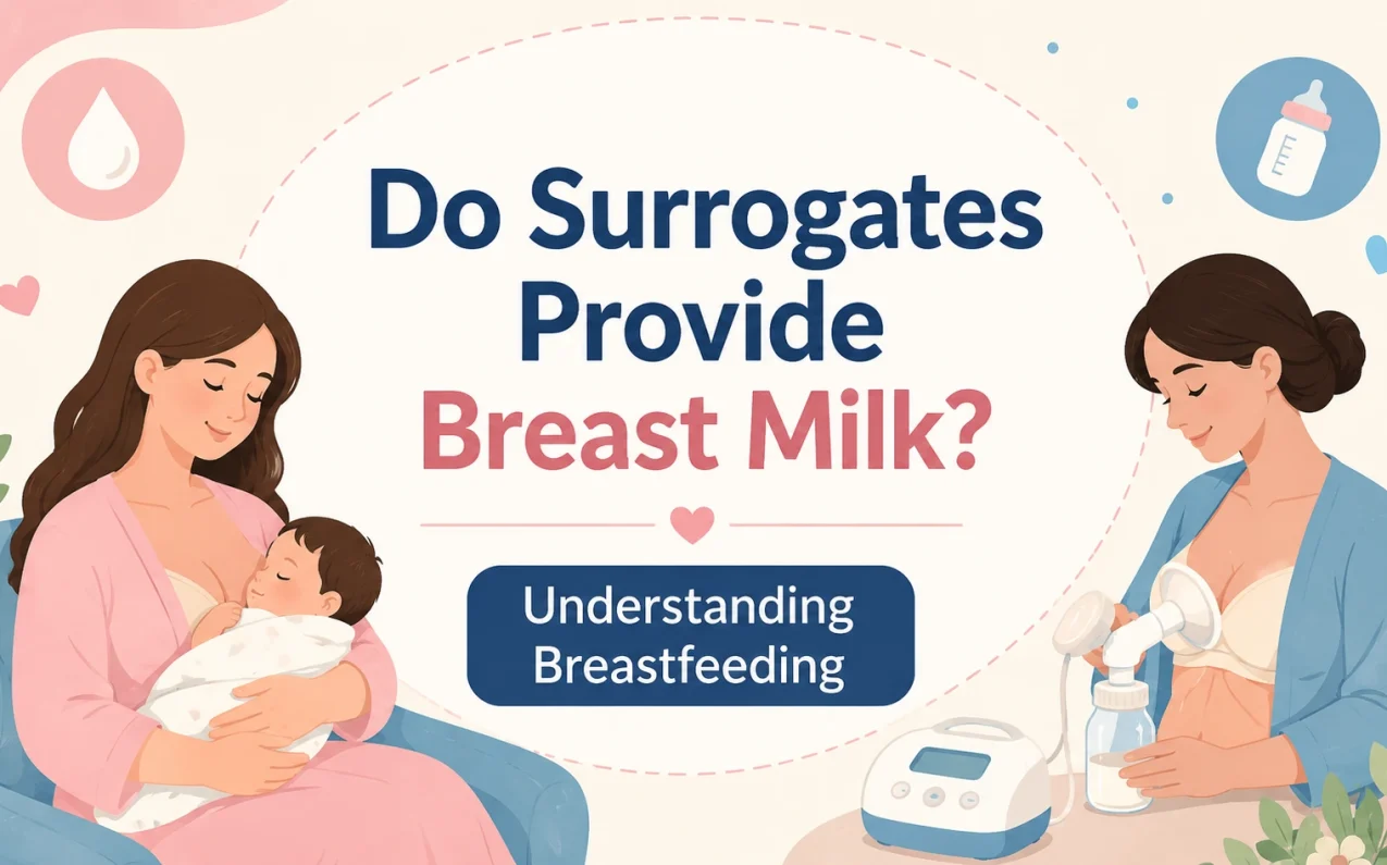 An illustration explaining whether surrogate mothers provide breast milk and how breastfeeding, pumping, and induced lactation work after surrogacy.