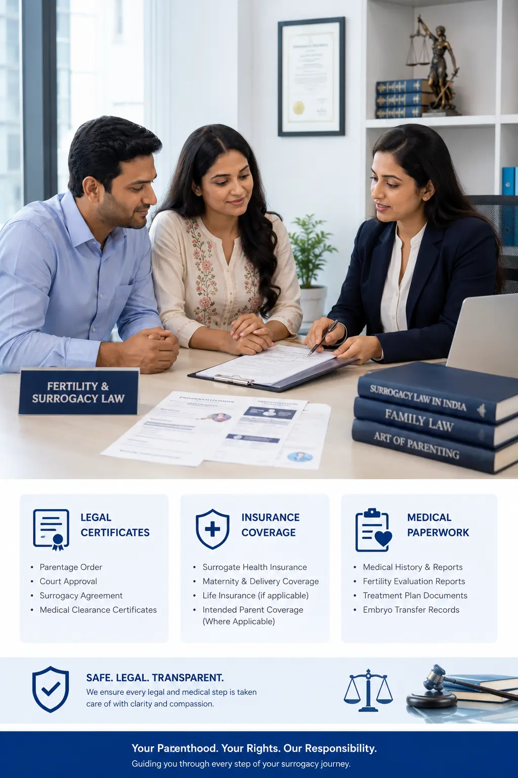 Indian couple reviewing surrogacy legal paperwork and insurance documents with consultant.