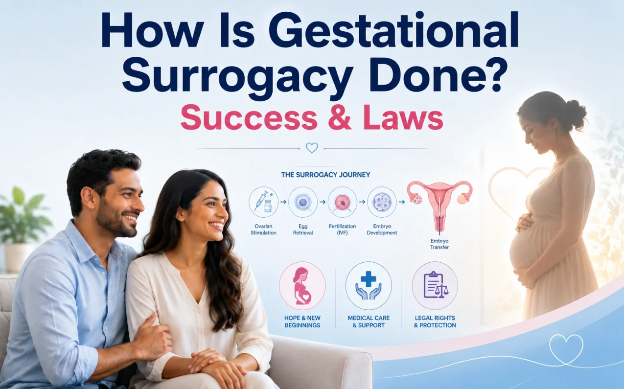 Gestational surrogacy process with intended parents discussing IVF treatment legal guidance and surrogacy cost breakdown in India