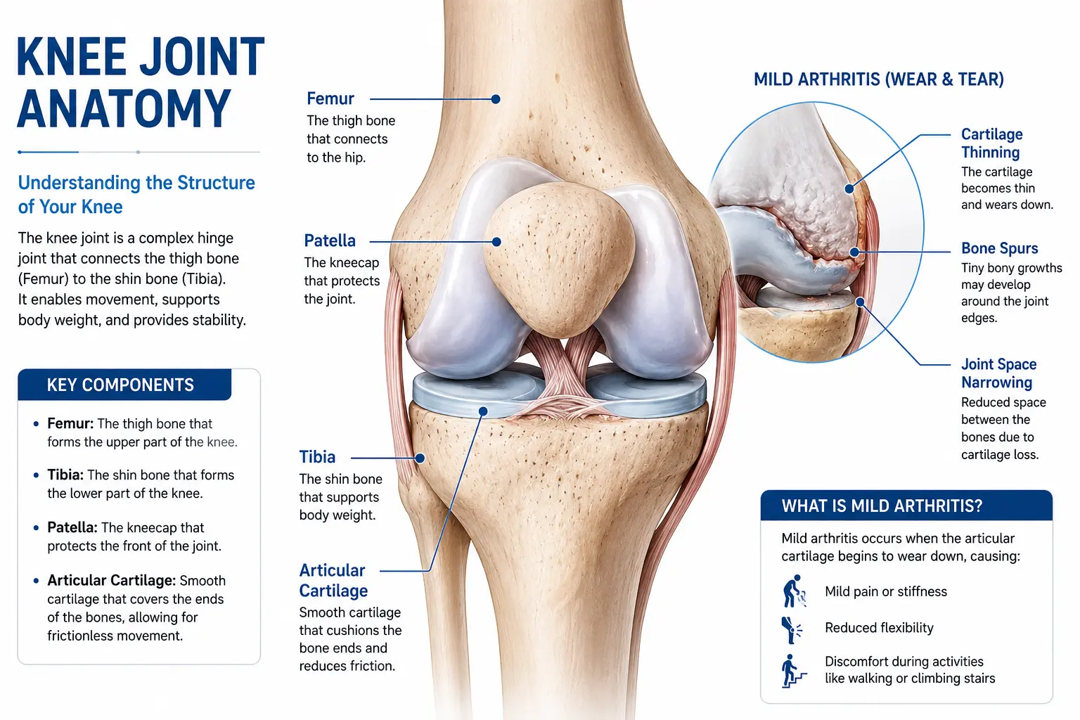 Human knee joint anatomy showing femur, tibia, patella, and cartilage damage caused by arthritis.