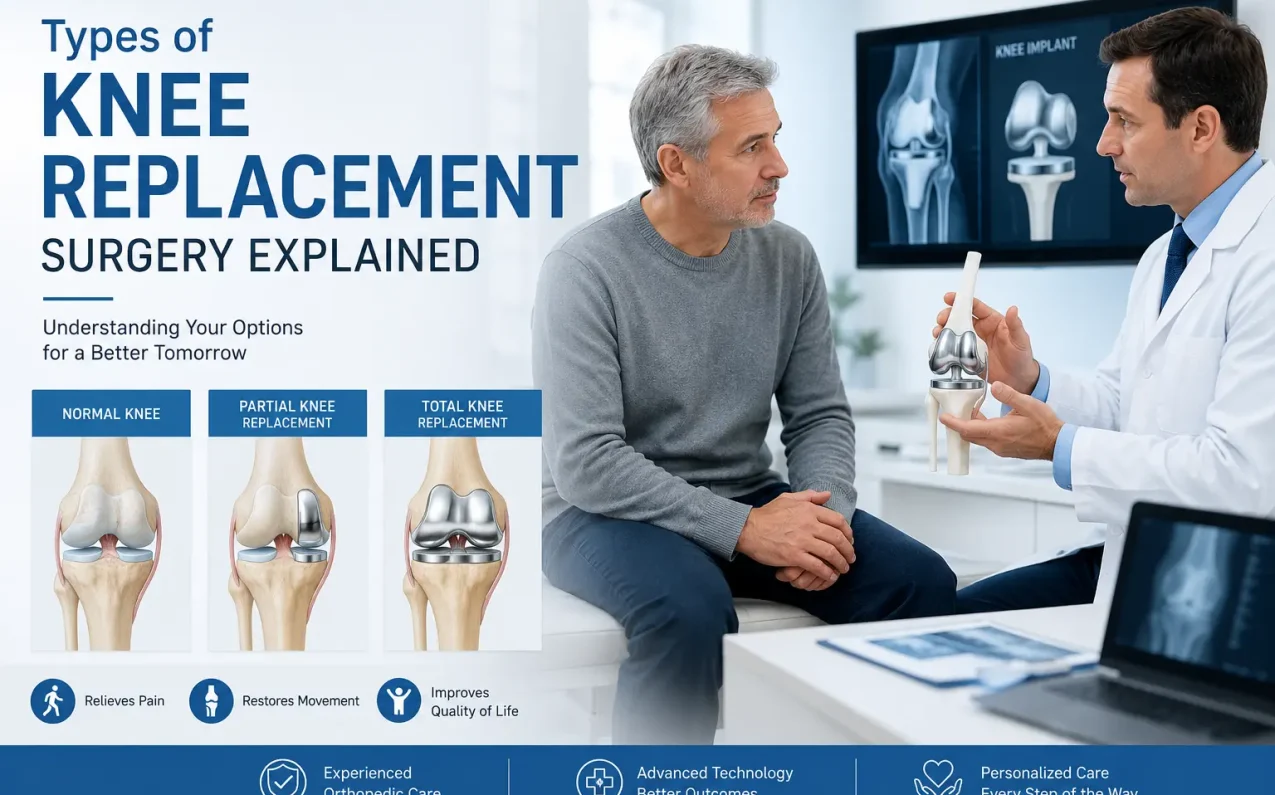 Orthopedic doctor explaining types of knee replacement surgery with knee implant and anatomy illustration.