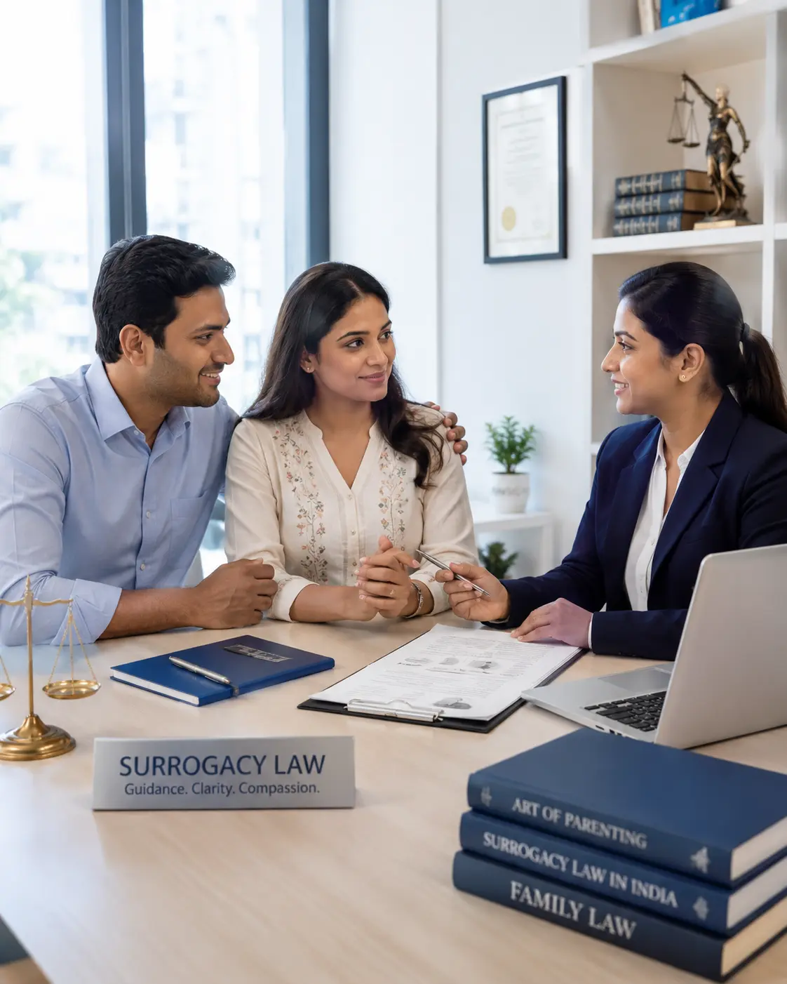 Indian couple consulting a legal and fertility advisor about surrogacy laws in India.