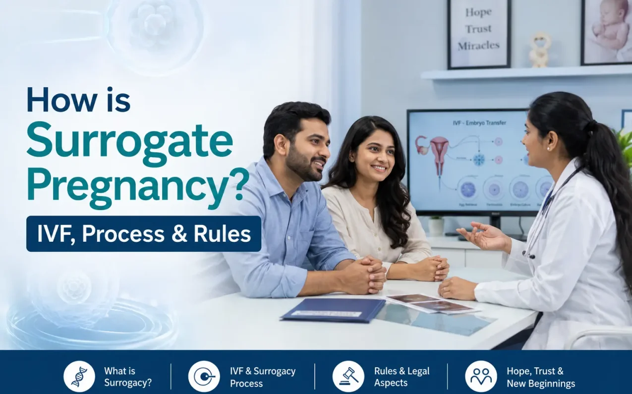 Indian couple discussing surrogate pregnancy process with IVF specialist