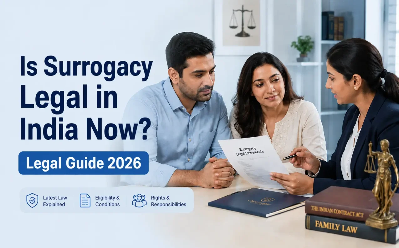Indian couple discussing surrogacy legal documents with a female legal advisor in a modern office, featuring “Is Surrogacy Legal in India Now? Legal Guide 2026” headline.