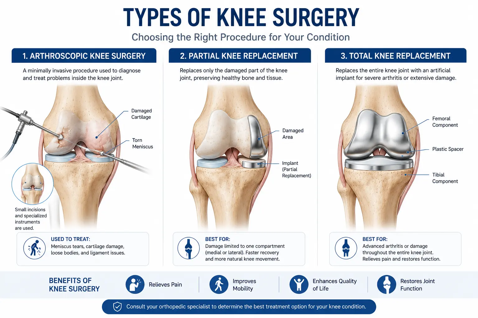 Orthopedic doctor explaining types of knee replacement surgery with knee implant and anatomy illustration.