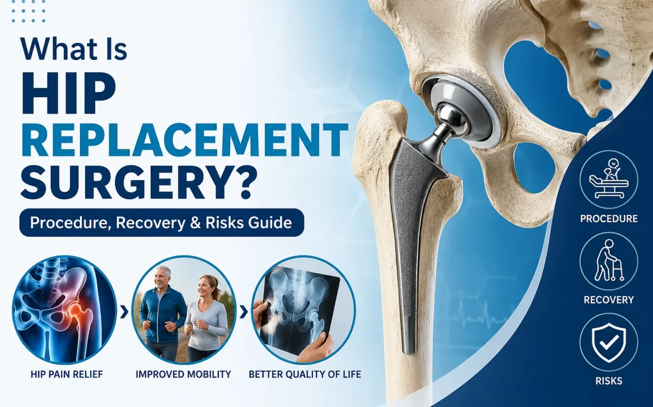 A doctor explaining hip replacement surgery with a hip joint model to a patient suffering from hip arthritis and joint pain