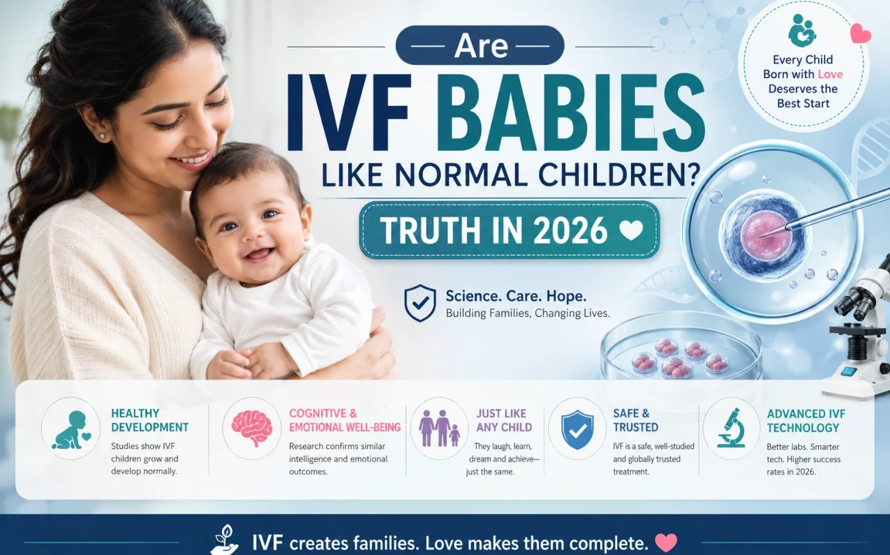 Healthy mother holding IVF baby with infographic explaining that IVF babies are like normal children and healthy in 2026