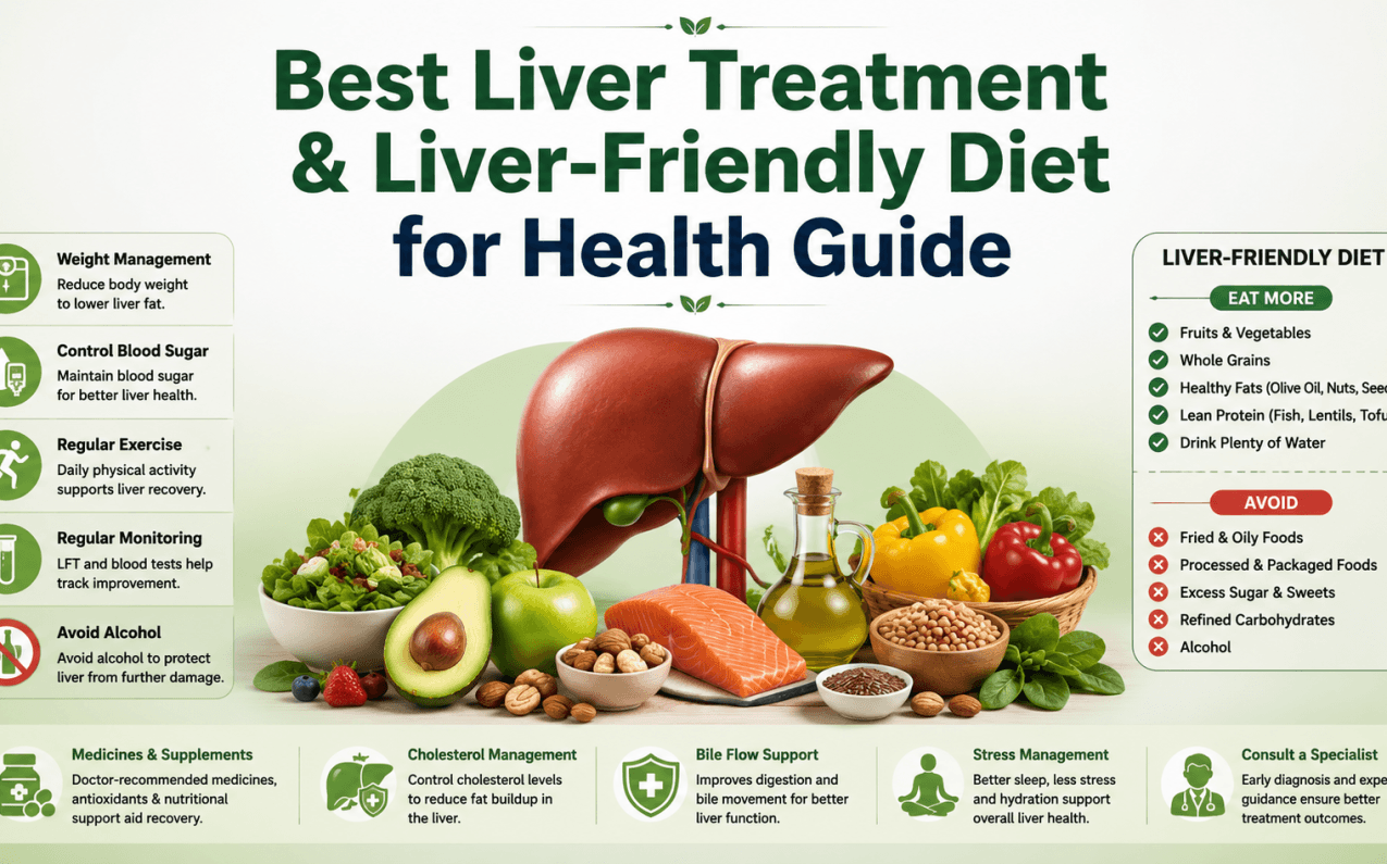 Best liver treatment and liver-friendly diet guide showing healthy foods, liver care tips, weight management, exercise, and lifestyle changes for improving fatty liver health naturally.