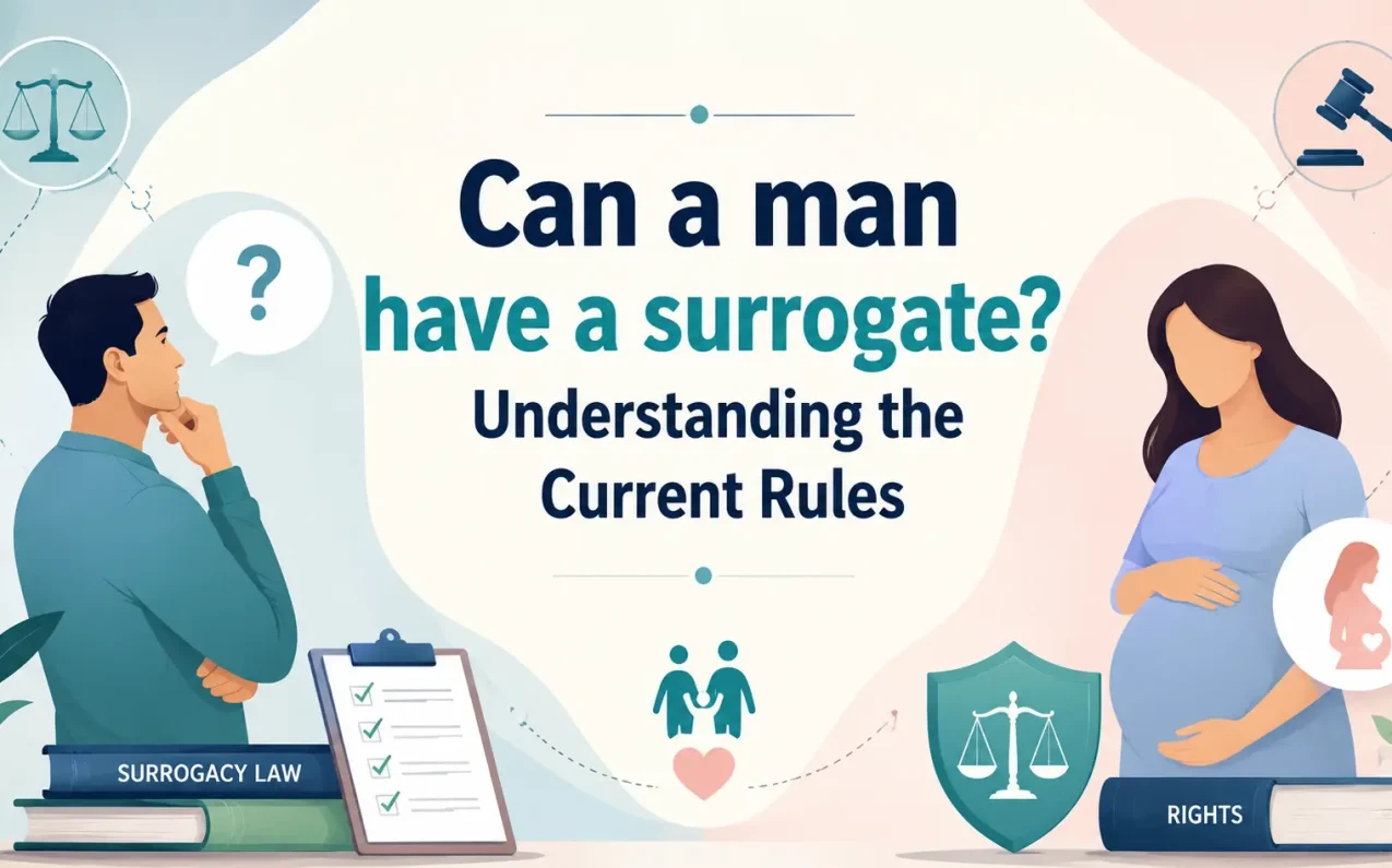 Illustration explaining whether a single man can pursue surrogacy in India under current surrogacy laws and legal regulations related to IVF and reproductive rights.