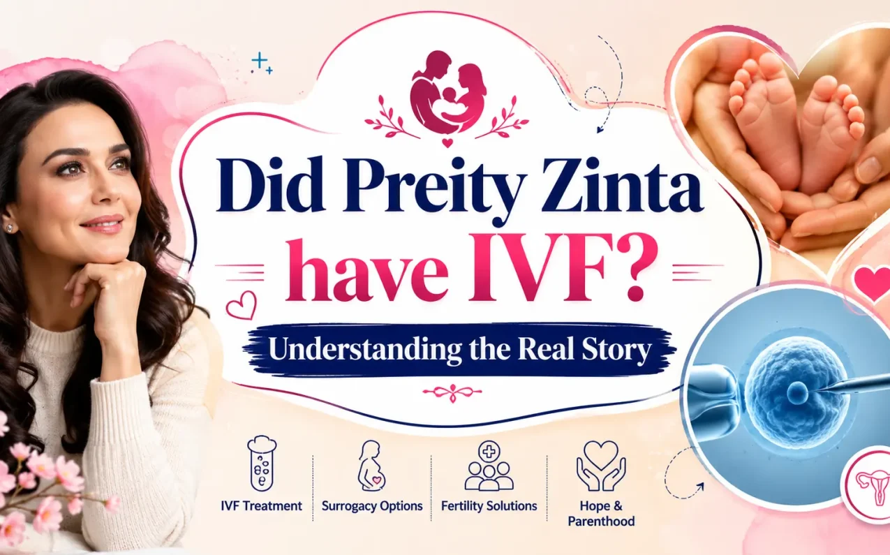 Woman associated with Bollywood discussing IVF, surrogacy, and fertility treatment “Did Preity Zinta have IVF? Understanding the Real Story” in a modern healthcare-themed design.