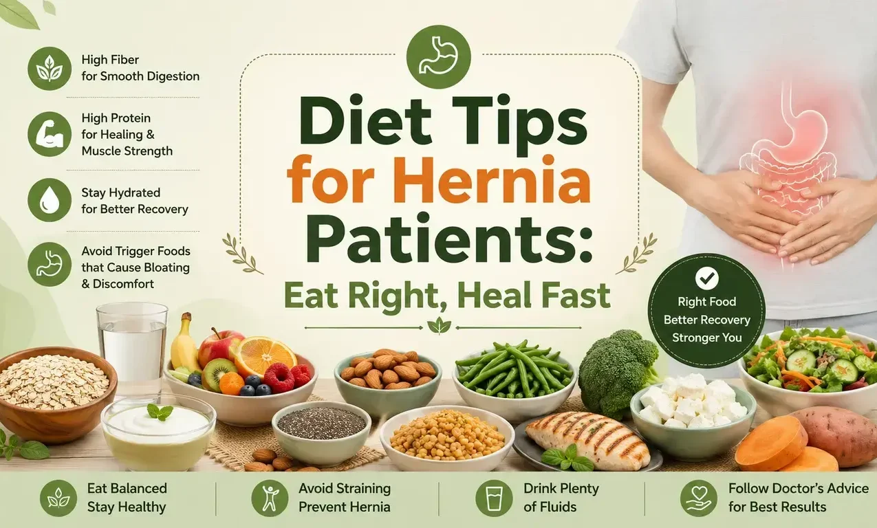 Diet tips for hernia patients showing high-protein foods, fibre-rich meals, hydration, and healthy recovery foods after hernia surgery