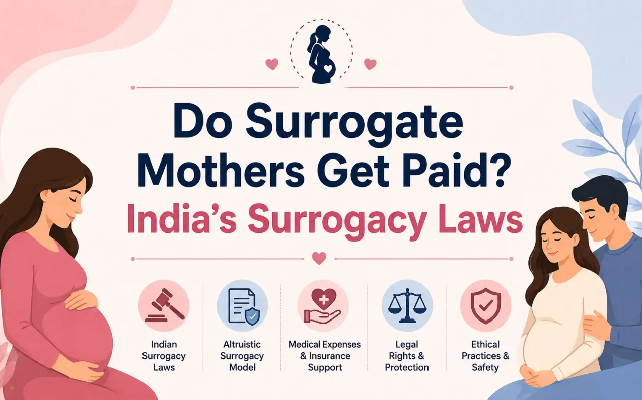 Do Surrogate Mothers Get Paid? India’s Surrogacy Laws infographic showing surrogate mother, intended parents, altruistic surrogacy rules, medical expenses, insurance support, ethical concerns, and legal surrogacy guidance in India.