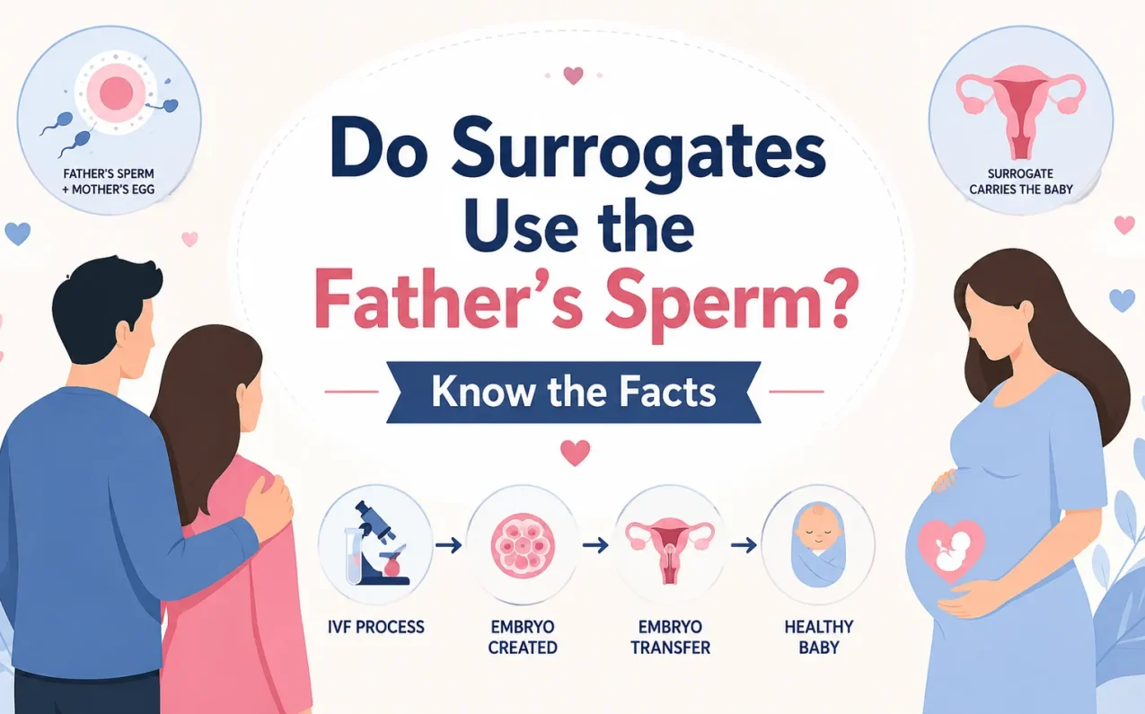 Do surrogates use the father’s sperm infographic explaining IVF, embryo transfer, genetics, and how surrogacy works for intended parents.