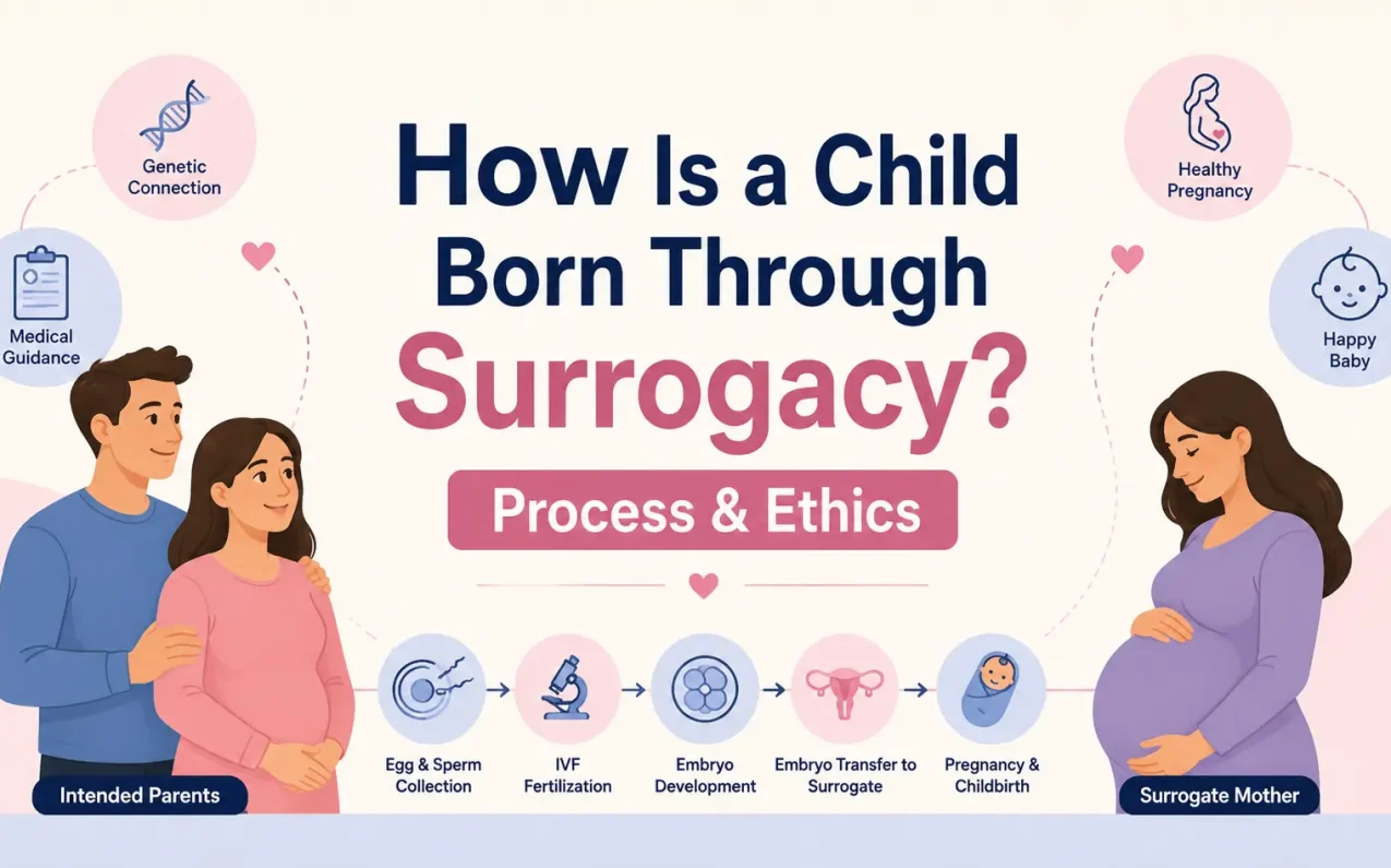 Illustration showing how a child is born through surrogacy using IVF process, embryo transfer, intended parents, surrogate mother, and ethical fertility guidance.