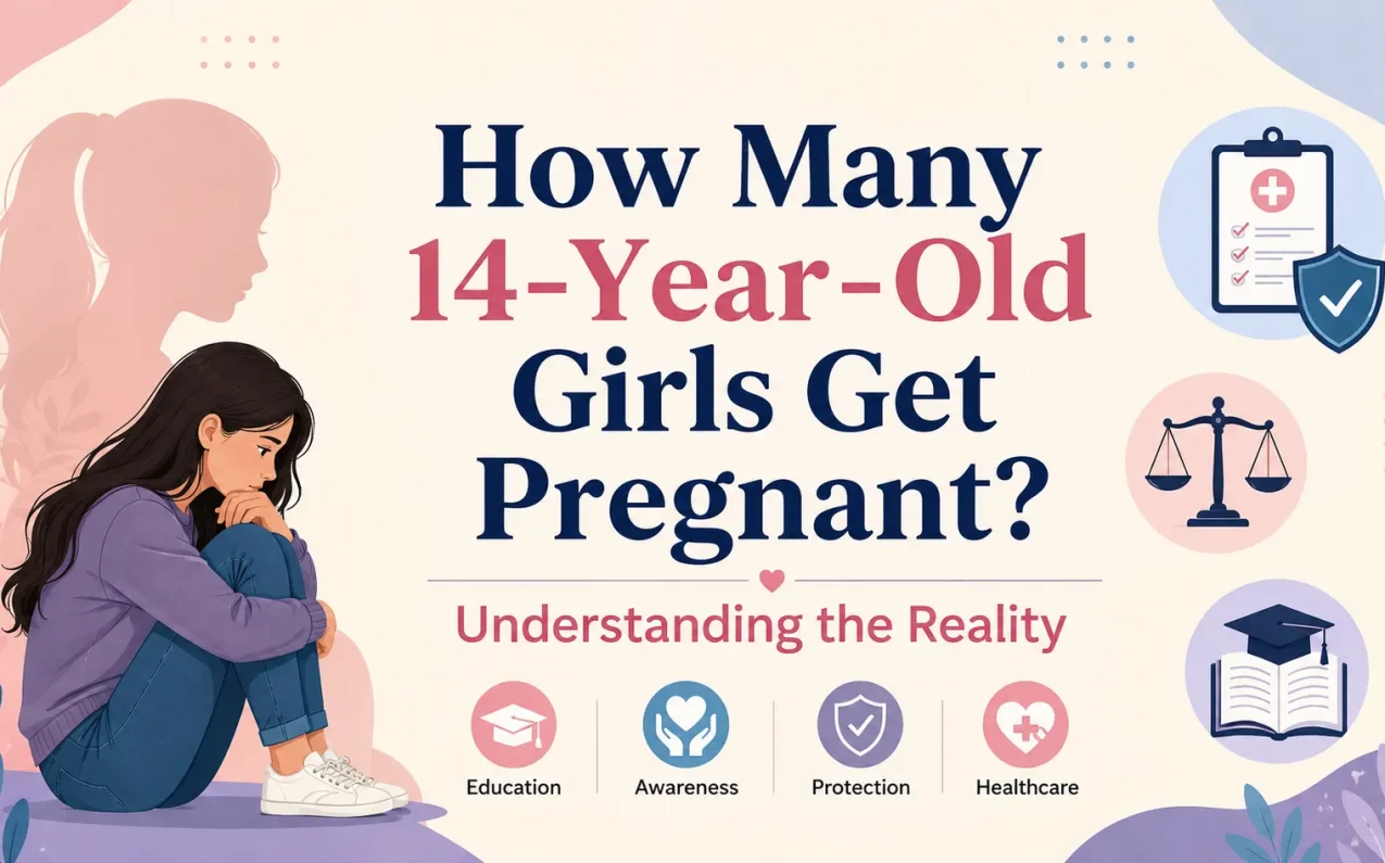 How many 14-year-old girls get pregnant awareness illustration with healthcare, education, and child protection concepts in India.