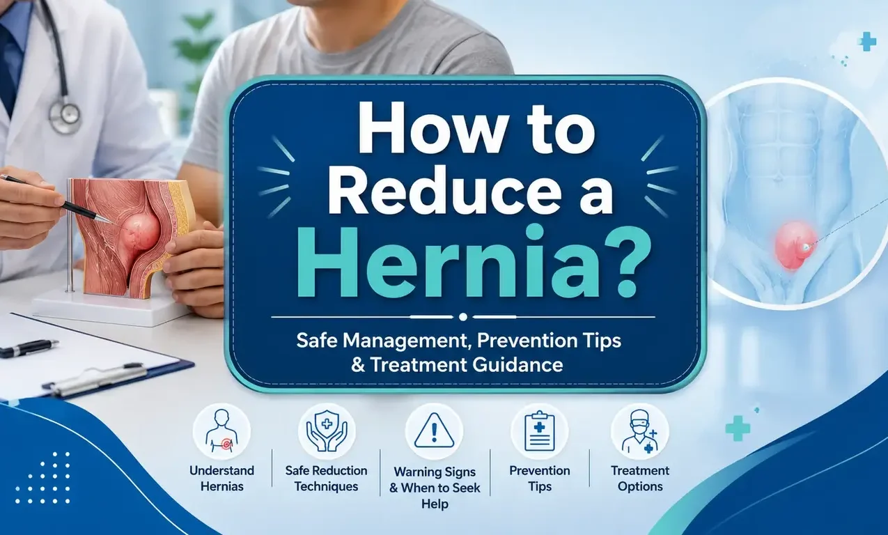 Doctor evaluating an inguinal hernia in a patient while explaining safe hernia reduction techniques, warning signs, and treatment options in a clinical setting.
