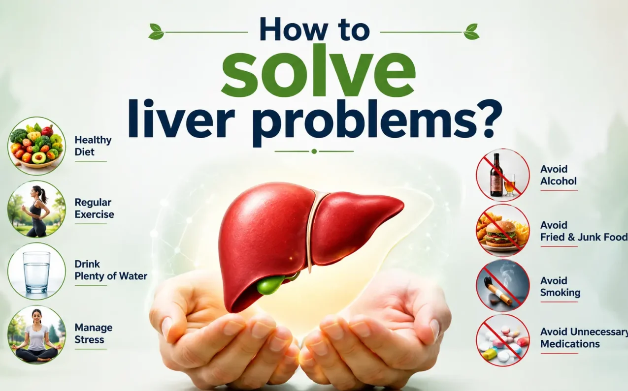 Doctor-style infographic explaining how to solve liver problems naturally with healthy diet, exercise, hydration, stress management, and avoiding alcohol, smoking, junk food, and unnecessary medications.
