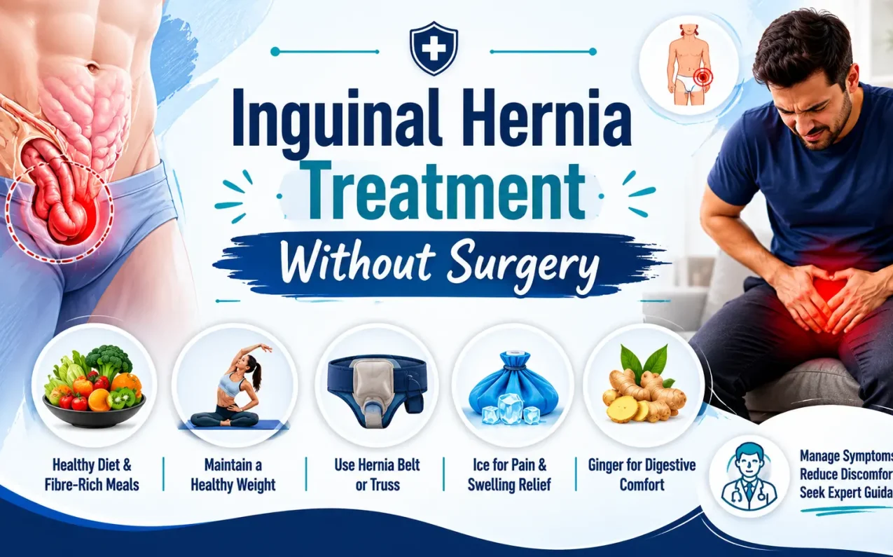 Illustration of an inguinal hernia showing a groin bulge with non-surgical management options including healthy diet, weight management, hernia belt support, and medical consultation.
