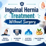 Illustration of an inguinal hernia showing a groin bulge with non-surgical management options including healthy diet, weight management, hernia belt support, and medical consultation.