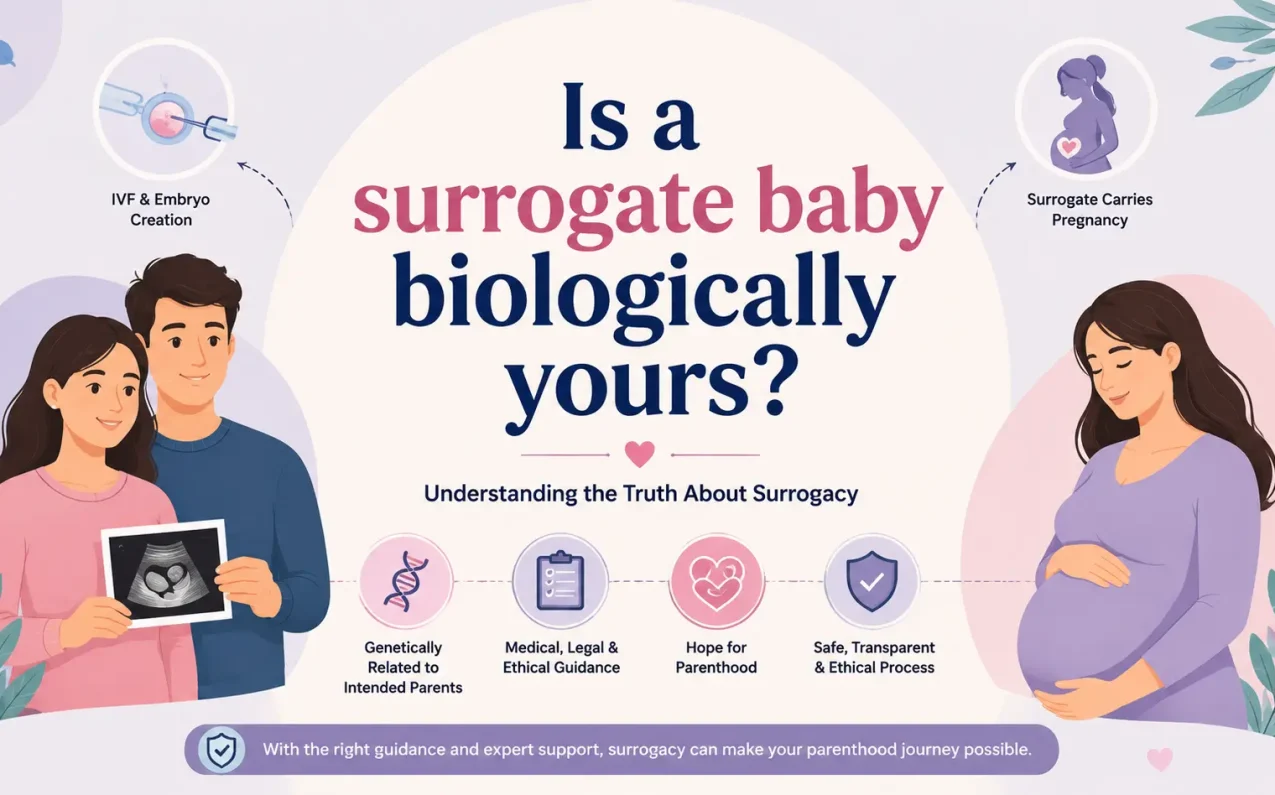Couple and surrogate mother explaining whether a surrogate baby is biologically related to intended parents through IVF and gestational surrogacy in India