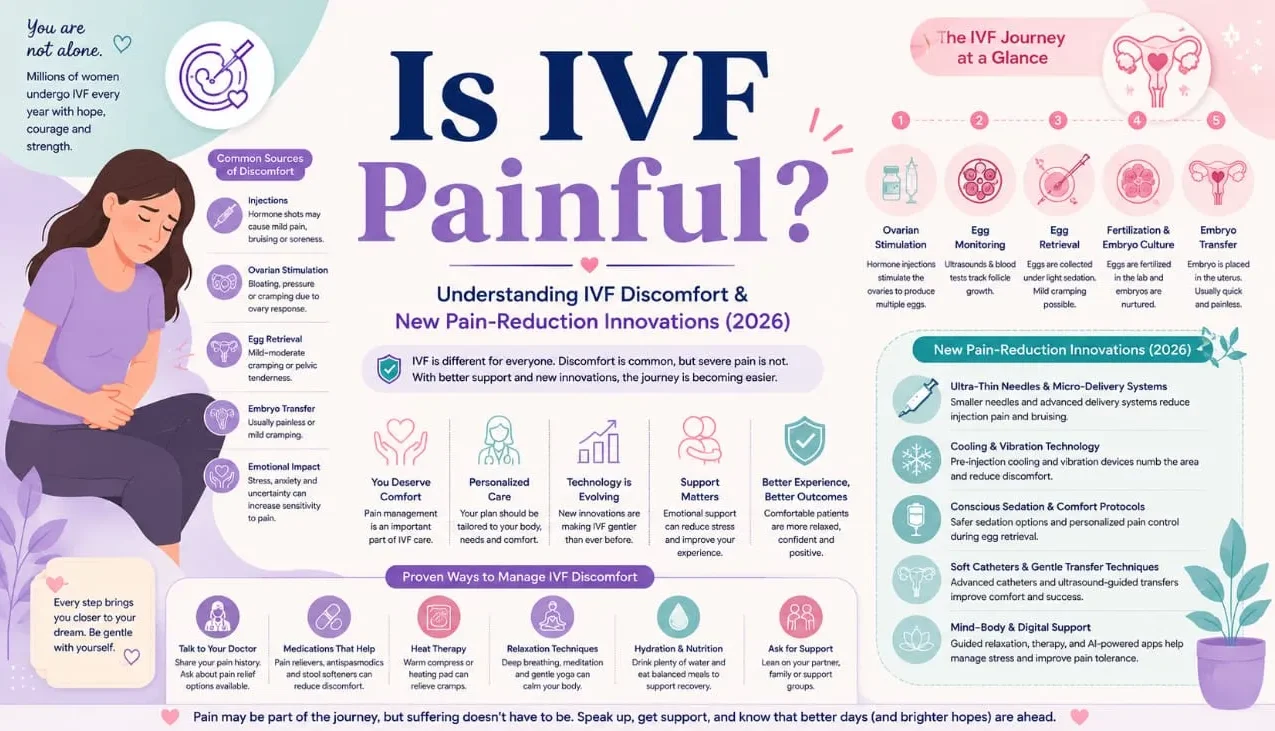 Woman undergoing IVF treatment consultation while learning about painless IVF injections, fertility care, embryo transfer, and modern reproductive technology advancements in 2026.