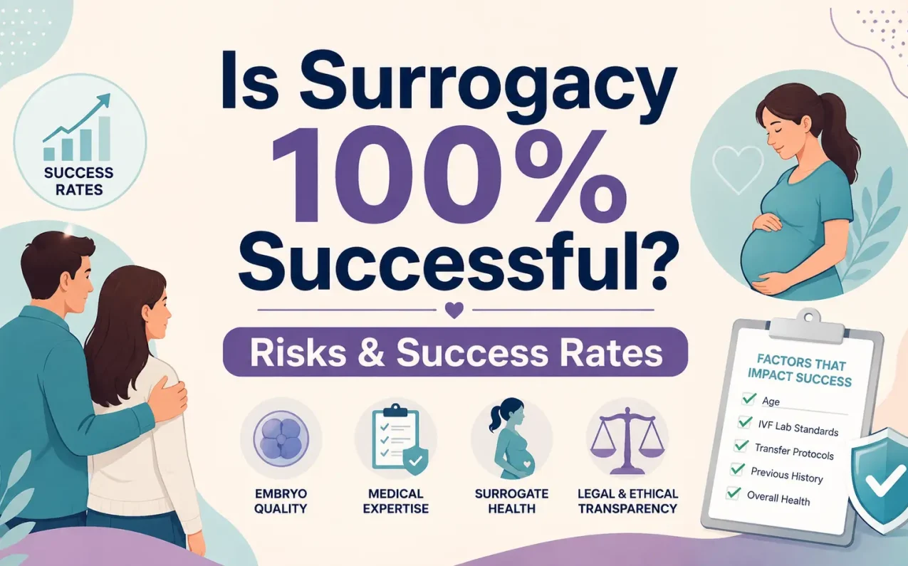 Is Surrogacy 100% Successful infographic showing IVF success rates, surrogacy risks, embryo quality, surrogate health, and fertility treatment transparency