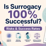 Is Surrogacy 100% Successful infographic showing IVF success rates, surrogacy risks, embryo quality, surrogate health, and fertility treatment transparency
