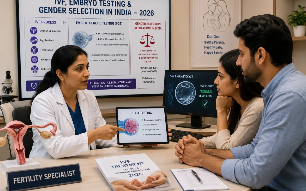 IVF specialist explaining embryo genetic testing and gender selection laws in India to a couple during fertility consultation