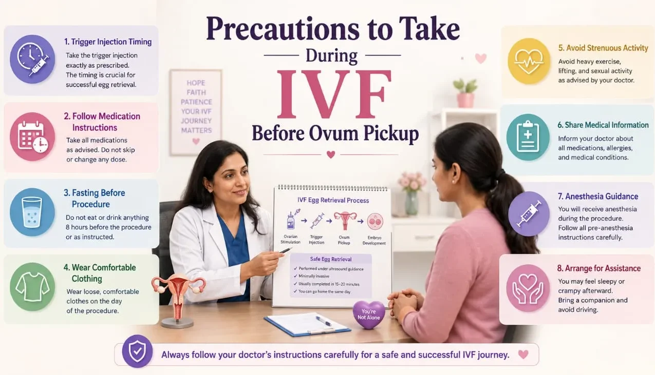 Woman preparing for IVF ovum pickup consultation with fertility specialist discussing trigger injection timing, egg retrieval preparation, and IVF treatment precautions before egg collection procedure.
