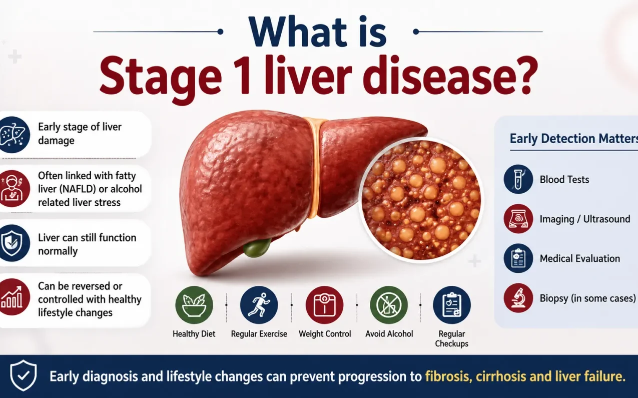 Medical infographic explaining Stage 1 liver disease, fatty liver symptoms, early liver damage, diagnosis methods, lifestyle changes, healthy diet, exercise, and liver health management.