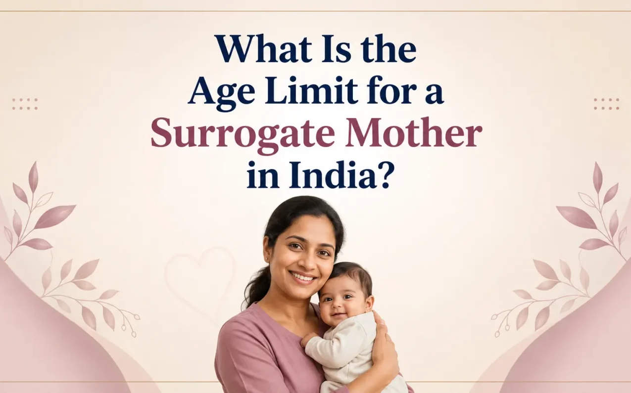 Professional informational banner featuring a smiling Indian woman holding a baby with the heading “What Is the Age Limit for a Surrogate Mother in India?” in centered typography on a soft pastel background.