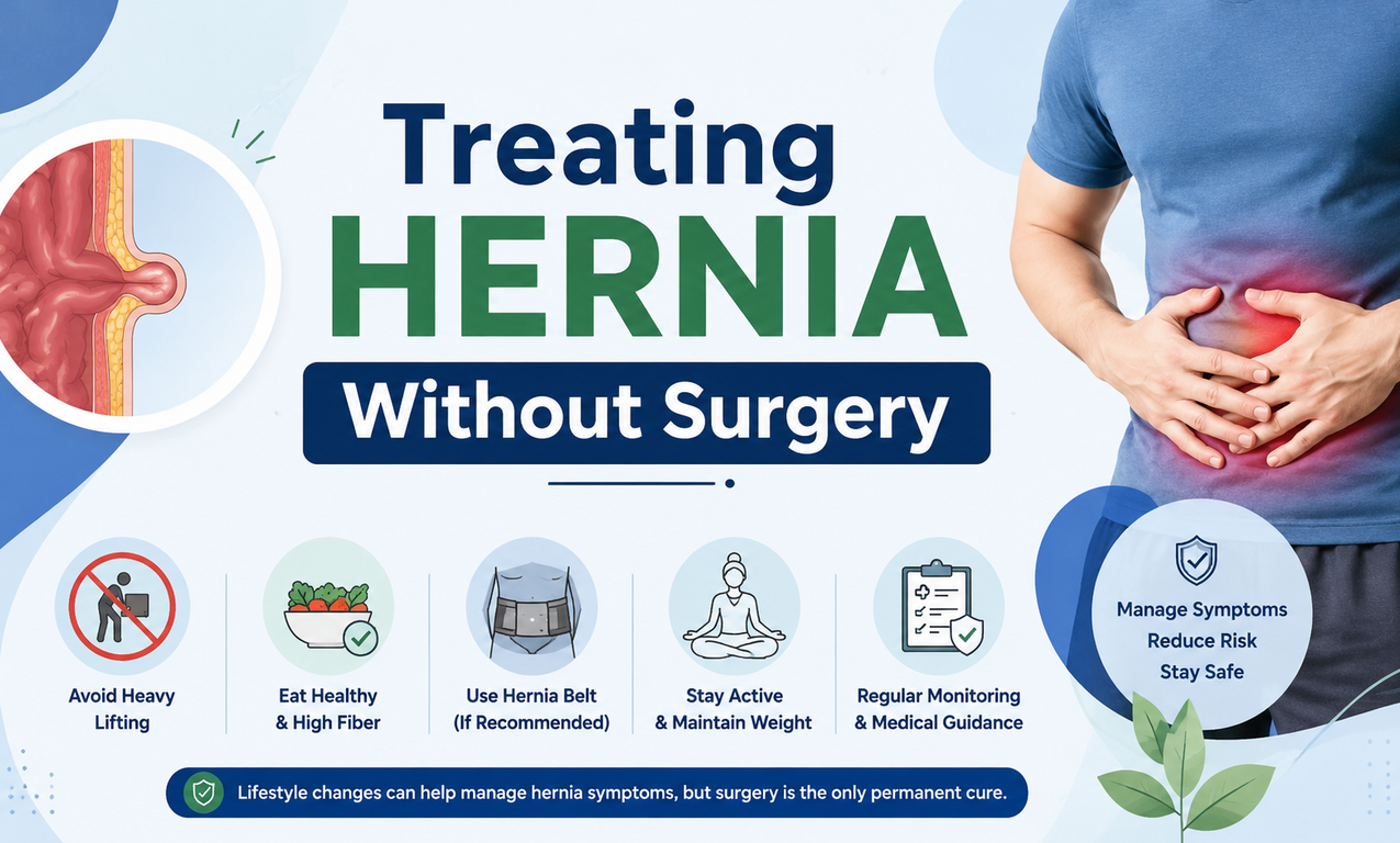 Illustration showing treating hernia without surgery with lifestyle changes, hernia belt support, symptom management, dietary guidance, and medical monitoring for hernia patients.