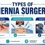 Types of hernia surgery illustration showing open, laparoscopic, and robotic hernia repair procedures with abdominal wall treatment and surgical mesh reinforcement.