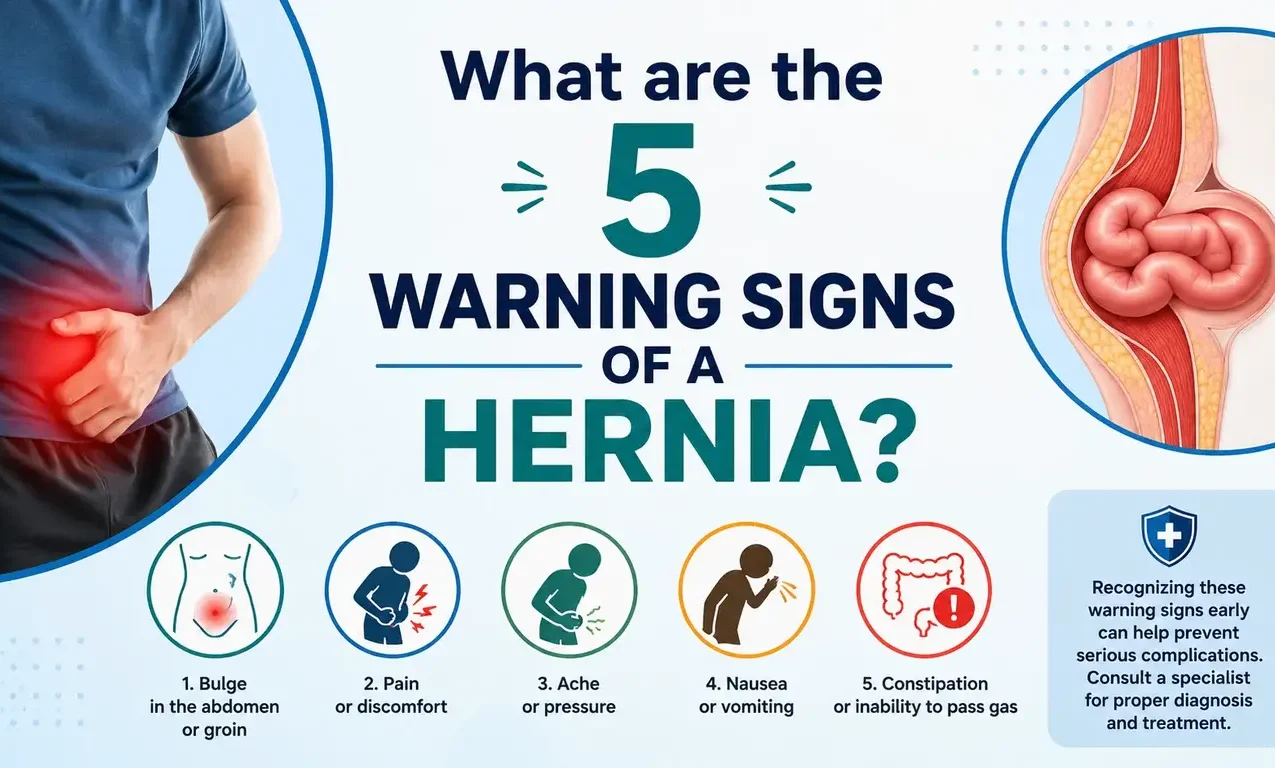 Illustration showing the 5 warning signs of a hernia including abdominal bulge, pain, pressure, nausea, and constipation with hernia awareness information.