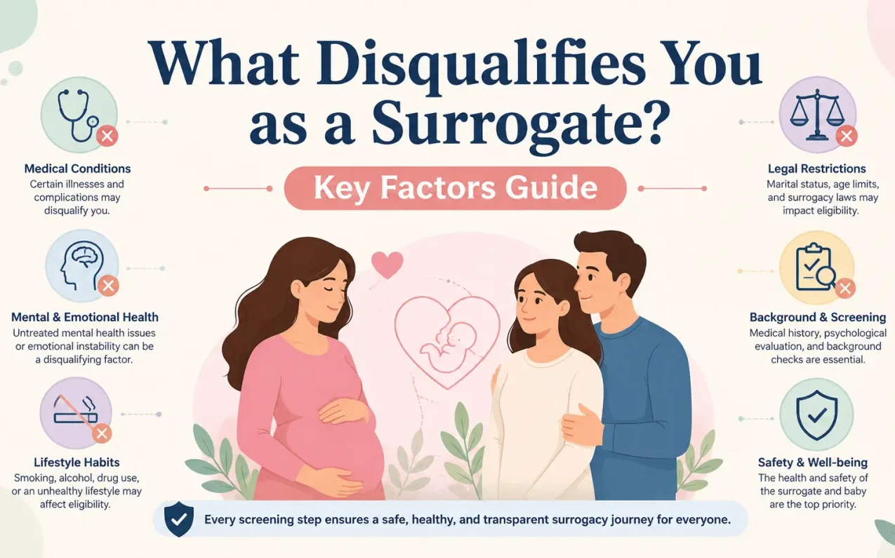 What Disqualifies You as a Surrogate? Key Factors Guide illustration showing surrogate eligibility factors including medical conditions, legal restrictions, mental health screening, lifestyle habits, and surrogacy consultation guidance in India.
